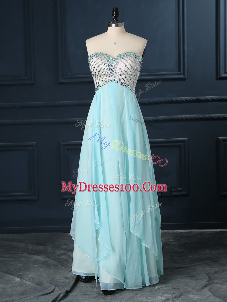 Custom Design Sweetheart Sleeveless Homecoming Dress Floor Length Beading Light Blue Chiffon