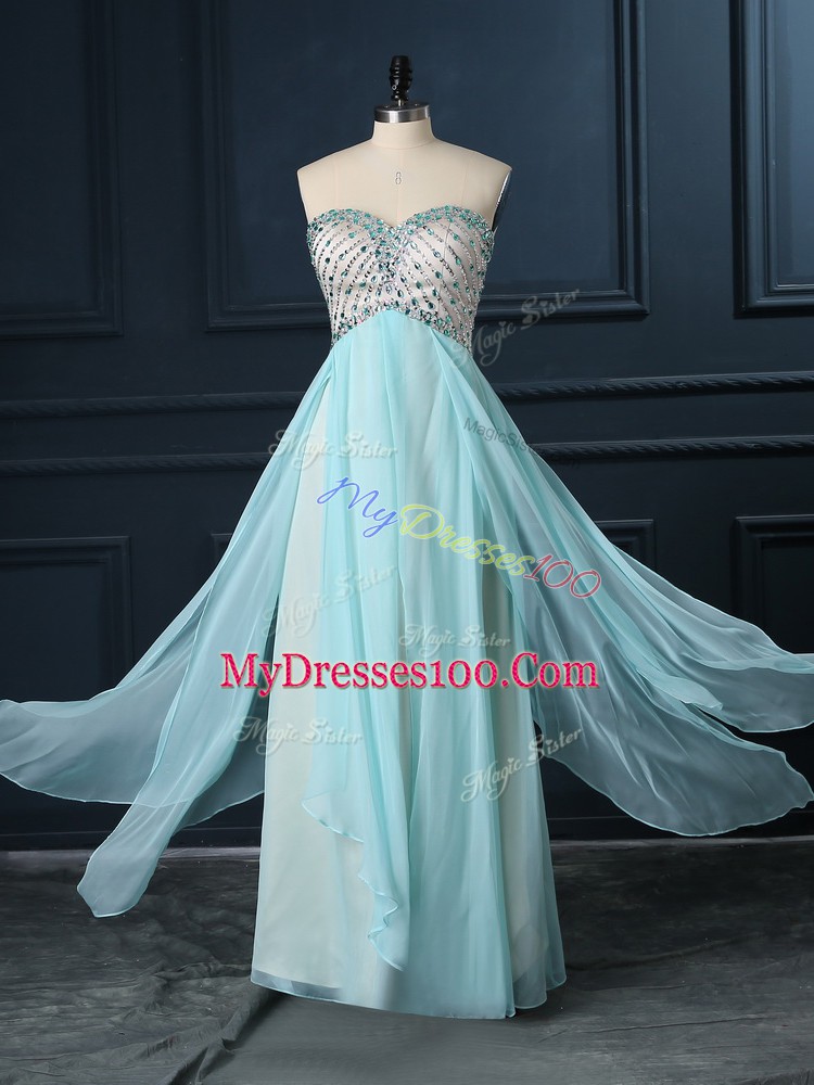 Custom Design Sweetheart Sleeveless Homecoming Dress Floor Length Beading Light Blue Chiffon