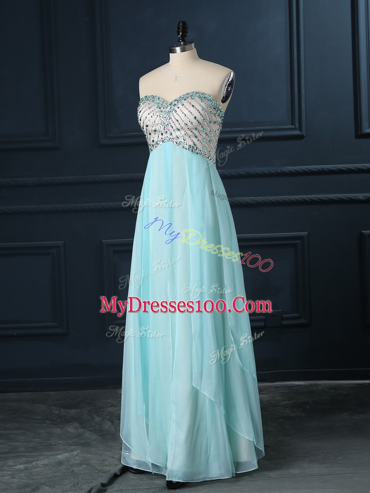 Custom Design Sweetheart Sleeveless Homecoming Dress Floor Length Beading Light Blue Chiffon