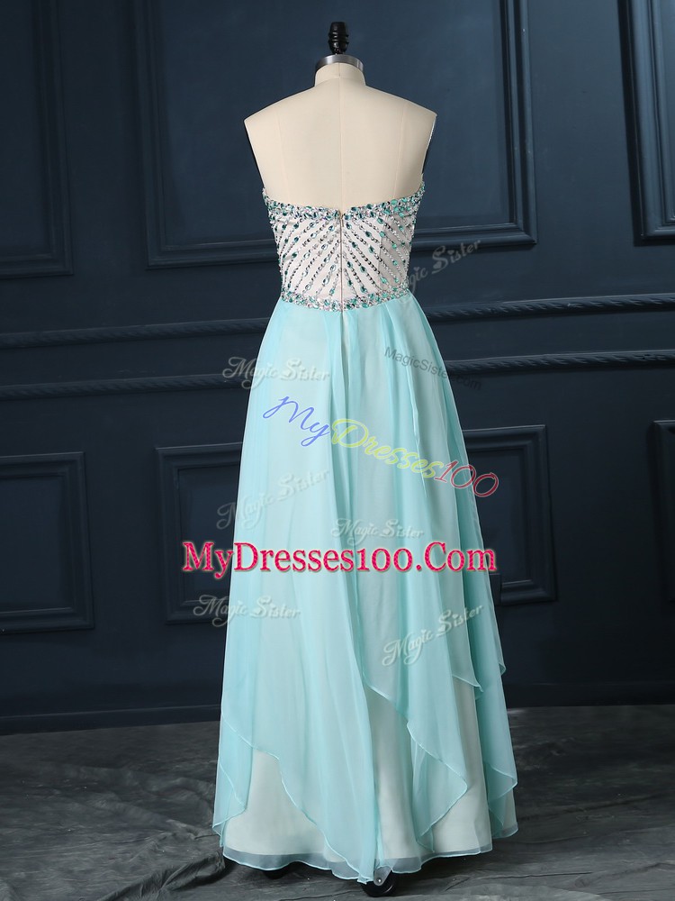 Custom Design Sweetheart Sleeveless Homecoming Dress Floor Length Beading Light Blue Chiffon