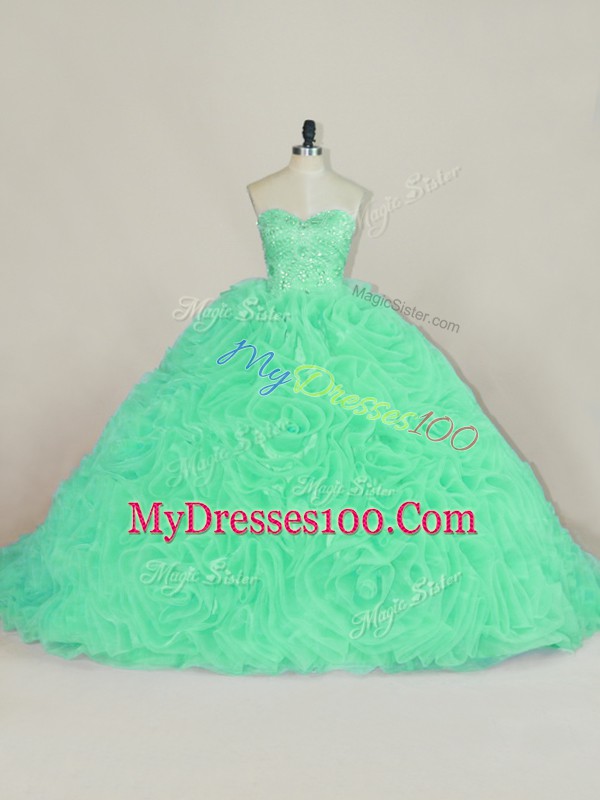 Sweetheart Sleeveless Sweet 16 Dresses Court Train Beading and Ruffles Green Fabric With Rolling Flowers
