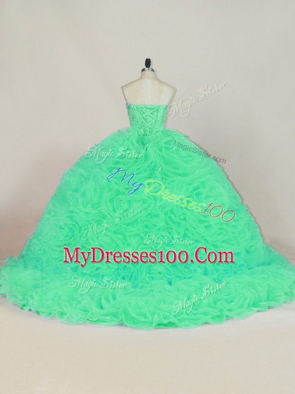 Sweetheart Sleeveless Sweet 16 Dresses Court Train Beading and Ruffles Green Fabric With Rolling Flowers