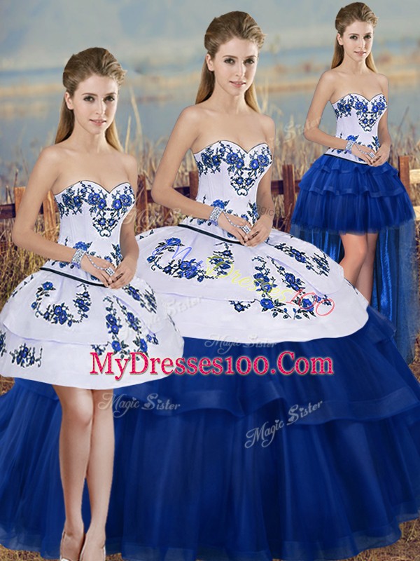 Elegant Tulle Sweetheart Sleeveless Lace Up Embroidery and Bowknot Sweet 16 Quinceanera Dress in Royal Blue