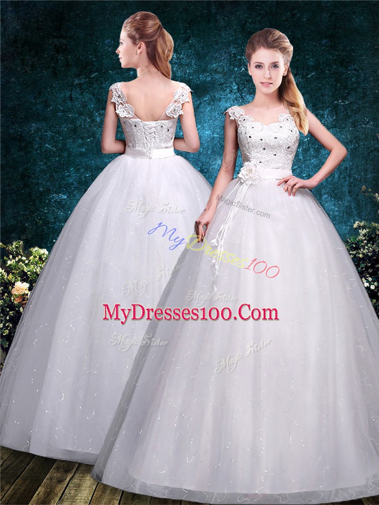 White Ball Gowns Lace and Hand Made Flower Wedding Dress Lace Up Tulle Sleeveless Floor Length