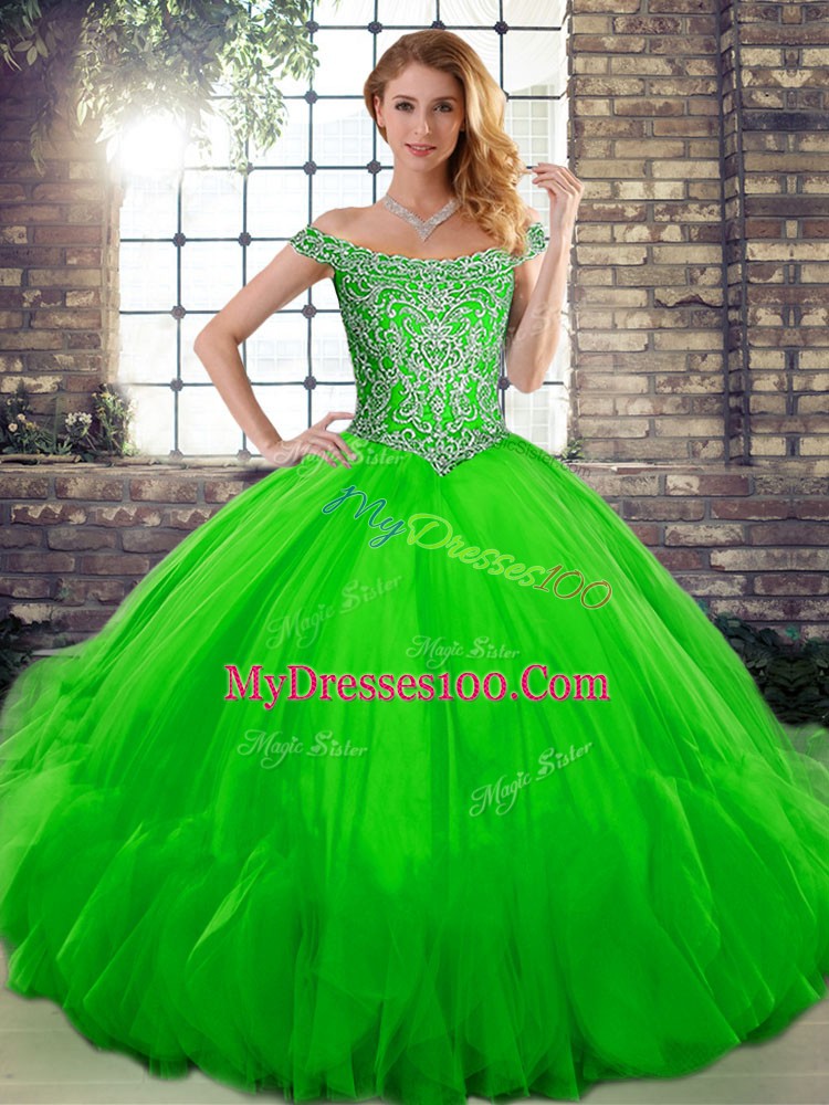 Green Ball Gowns Off The Shoulder Sleeveless Tulle Floor Length Lace Up Beading and Ruffles Quinceanera Dress