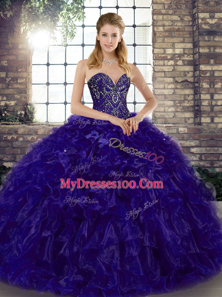 Low Price Purple Ball Gowns Beading and Ruffles Sweet 16 Quinceanera Dress Lace Up Organza Sleeveless Floor Length