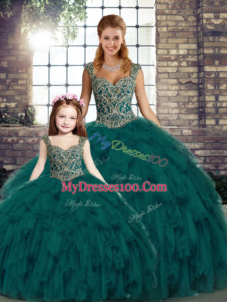 New Arrival Straps Sleeveless Sweet 16 Quinceanera Dress Floor Length Beading and Ruffles Peacock Green Organza