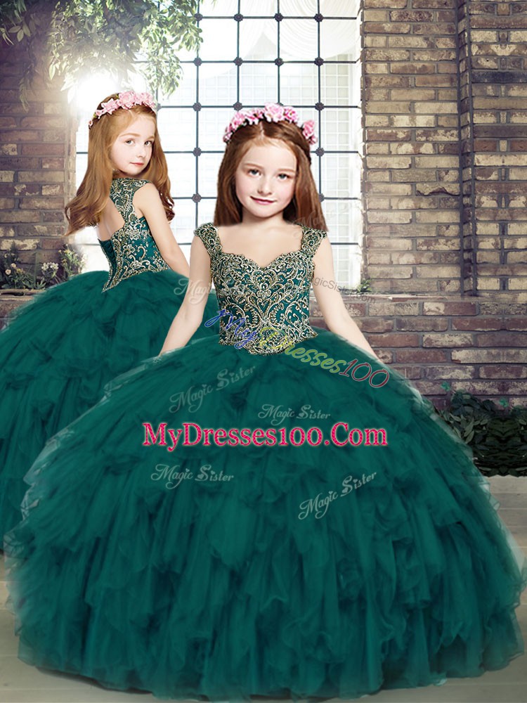 New Arrival Straps Sleeveless Sweet 16 Quinceanera Dress Floor Length Beading and Ruffles Peacock Green Organza