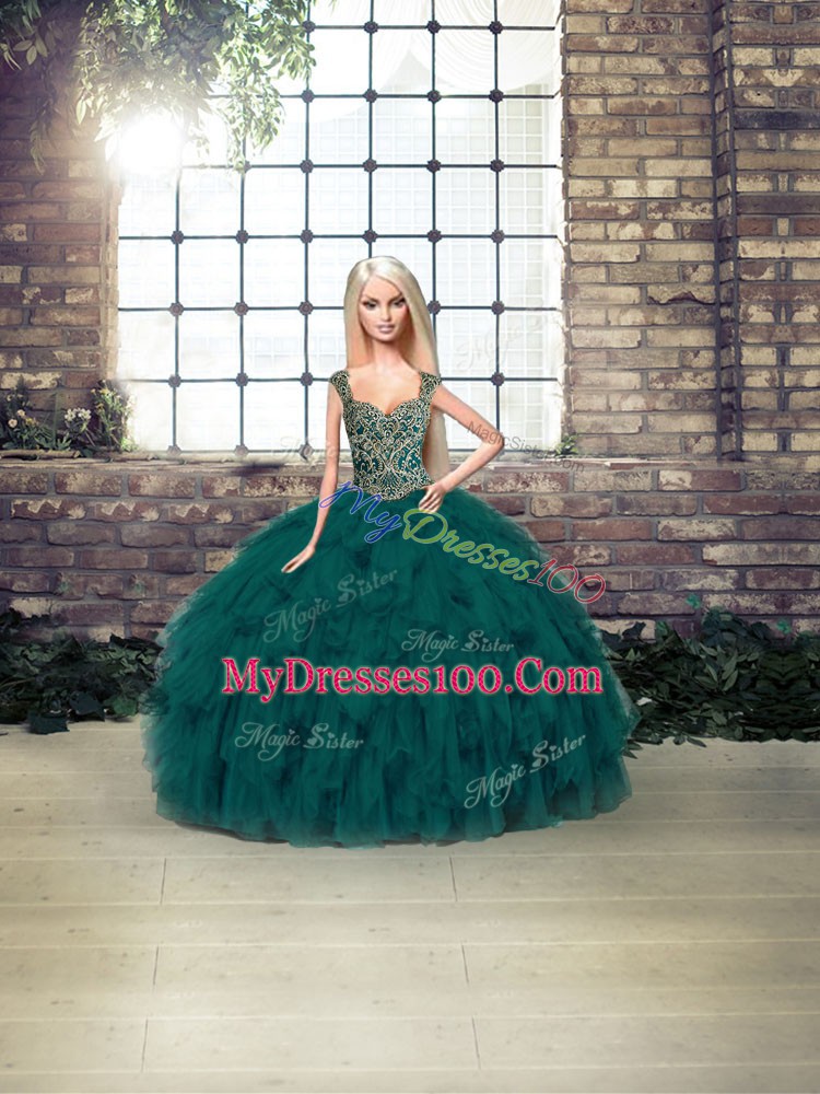 New Arrival Straps Sleeveless Sweet 16 Quinceanera Dress Floor Length Beading and Ruffles Peacock Green Organza