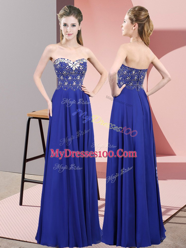 Royal Blue Empire Chiffon Sweetheart Sleeveless Beading Floor Length Zipper Prom Dress