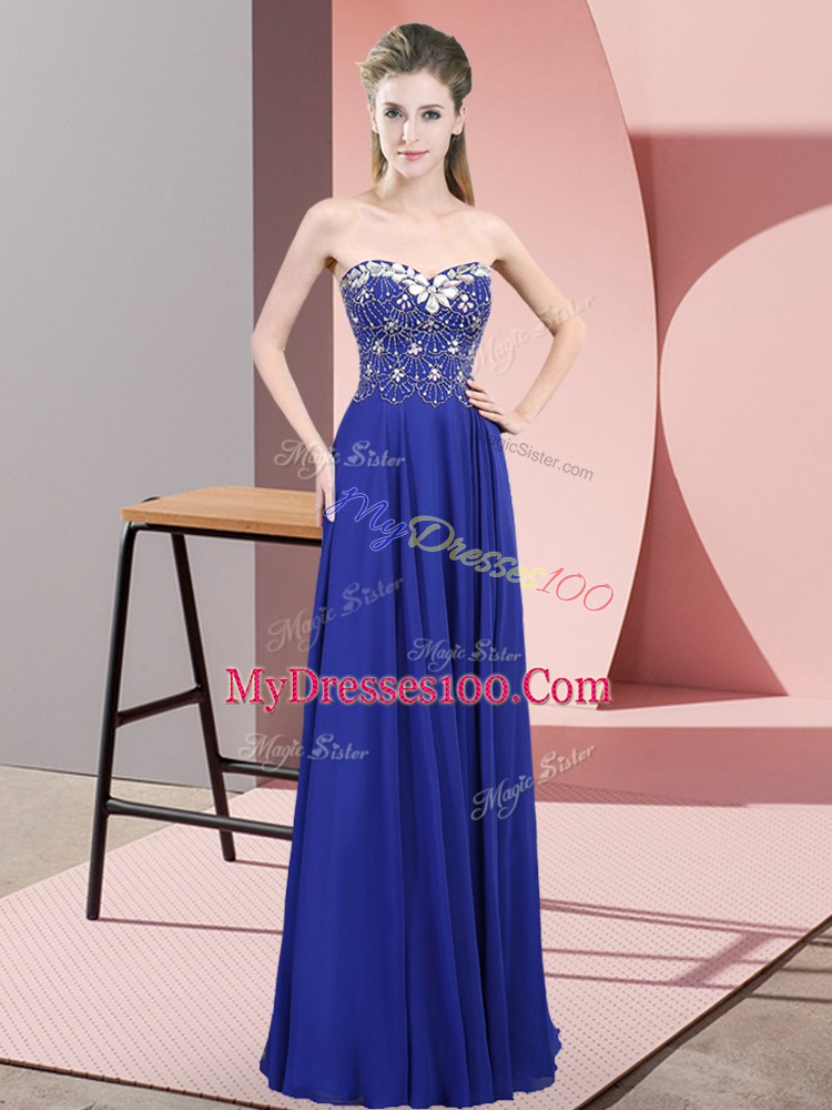 Royal Blue Empire Chiffon Sweetheart Sleeveless Beading Floor Length Zipper Prom Dress