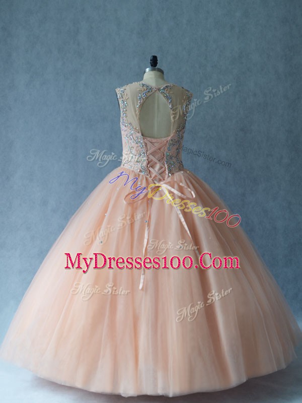 Inexpensive Peach 15 Quinceanera Dress Sweet 16 and Quinceanera with Beading Scoop Sleeveless Lace Up