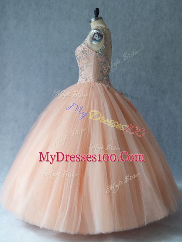 Inexpensive Peach 15 Quinceanera Dress Sweet 16 and Quinceanera with Beading Scoop Sleeveless Lace Up