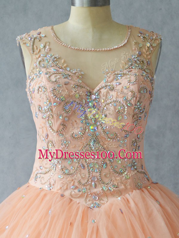 Inexpensive Peach 15 Quinceanera Dress Sweet 16 and Quinceanera with Beading Scoop Sleeveless Lace Up
