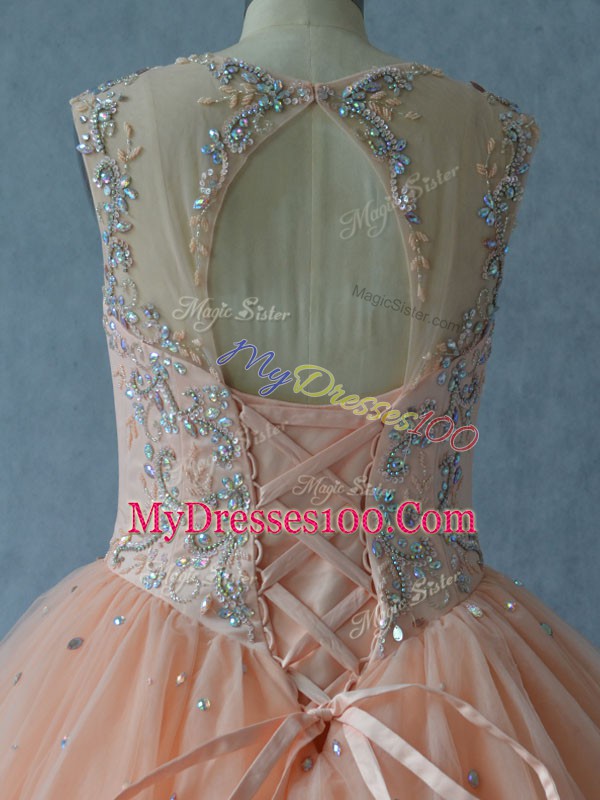 Inexpensive Peach 15 Quinceanera Dress Sweet 16 and Quinceanera with Beading Scoop Sleeveless Lace Up