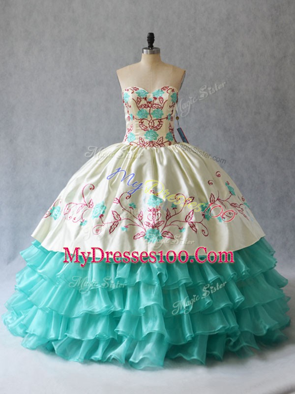 Sweetheart Sleeveless Lace Up Ball Gown Prom Dress Aqua Blue Satin and Organza