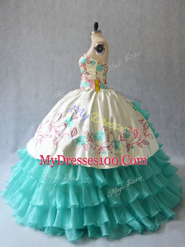 Sweetheart Sleeveless Lace Up Ball Gown Prom Dress Aqua Blue Satin and Organza
