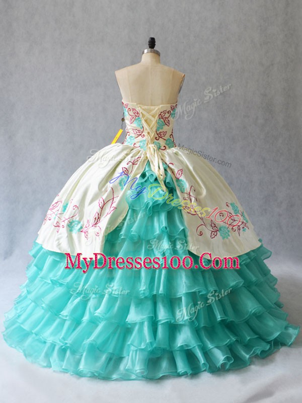 Sweetheart Sleeveless Lace Up Ball Gown Prom Dress Aqua Blue Satin and Organza