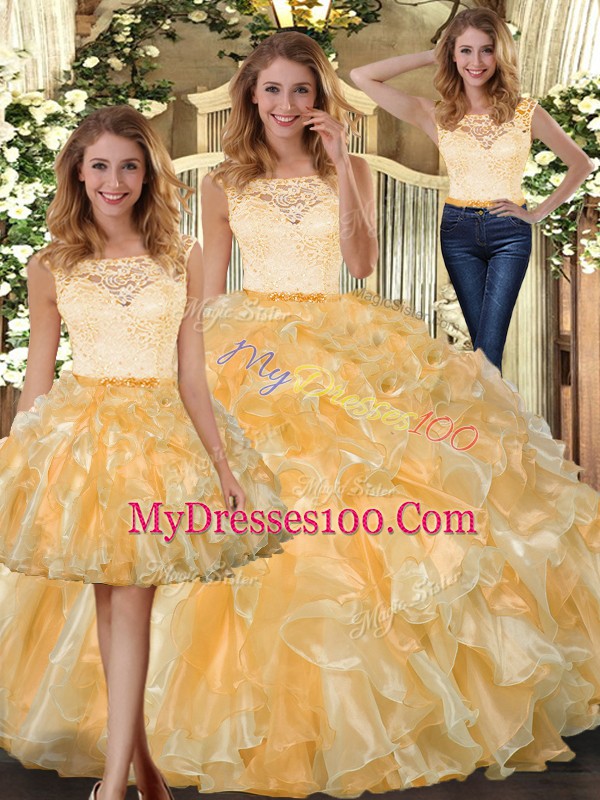 Wonderful Three Pieces Quinceanera Gowns Gold Scoop Organza Sleeveless Floor Length Clasp Handle