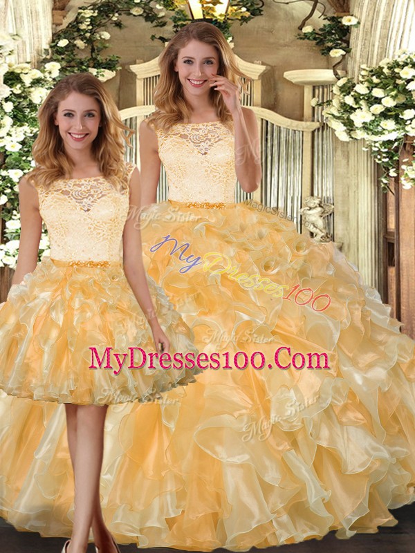 Wonderful Three Pieces Quinceanera Gowns Gold Scoop Organza Sleeveless Floor Length Clasp Handle