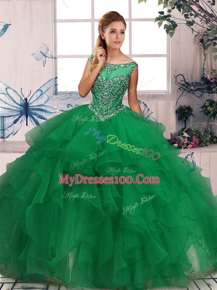 Luxury Organza Scoop Sleeveless Zipper Beading and Ruffles Quinceanera Dresses in Green