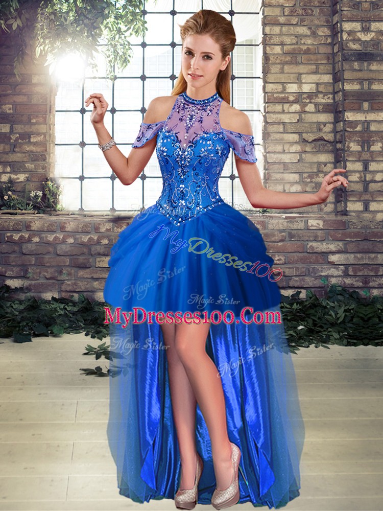 Cheap Sleeveless High Low Beading Lace Up Evening Dress with Royal Blue