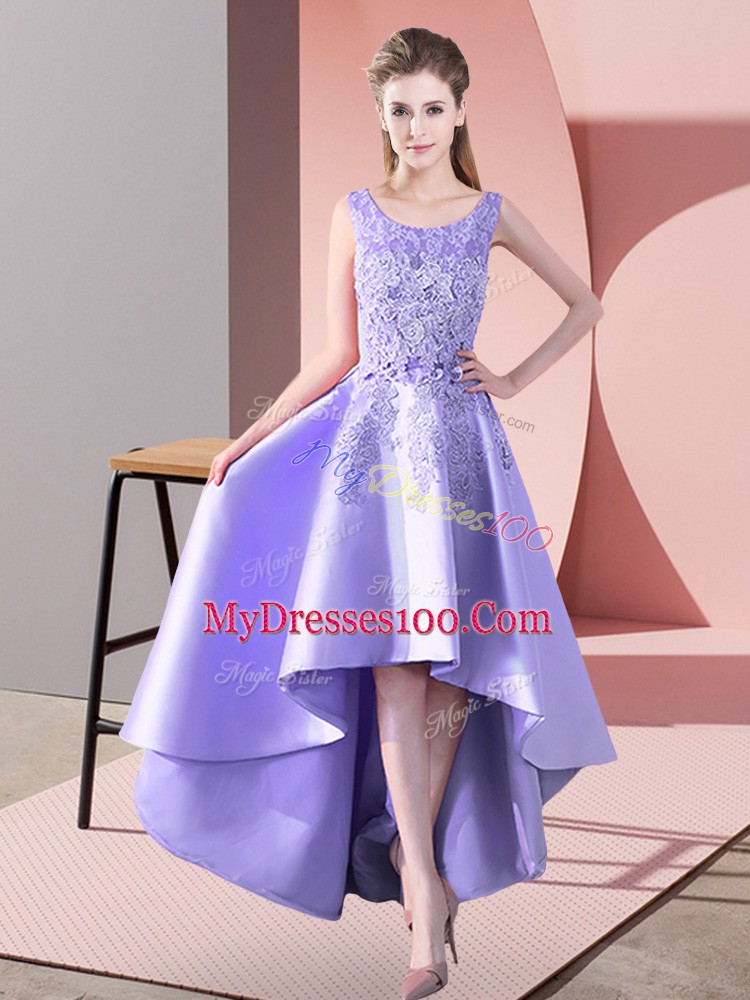 Smart Lavender Satin Zipper Scoop Sleeveless High Low Wedding Guest Dresses Lace