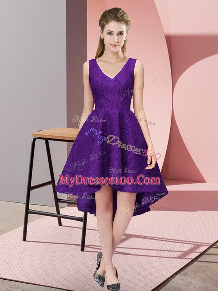 Exceptional High Low Purple Wedding Guest Dresses V-neck Sleeveless Zipper