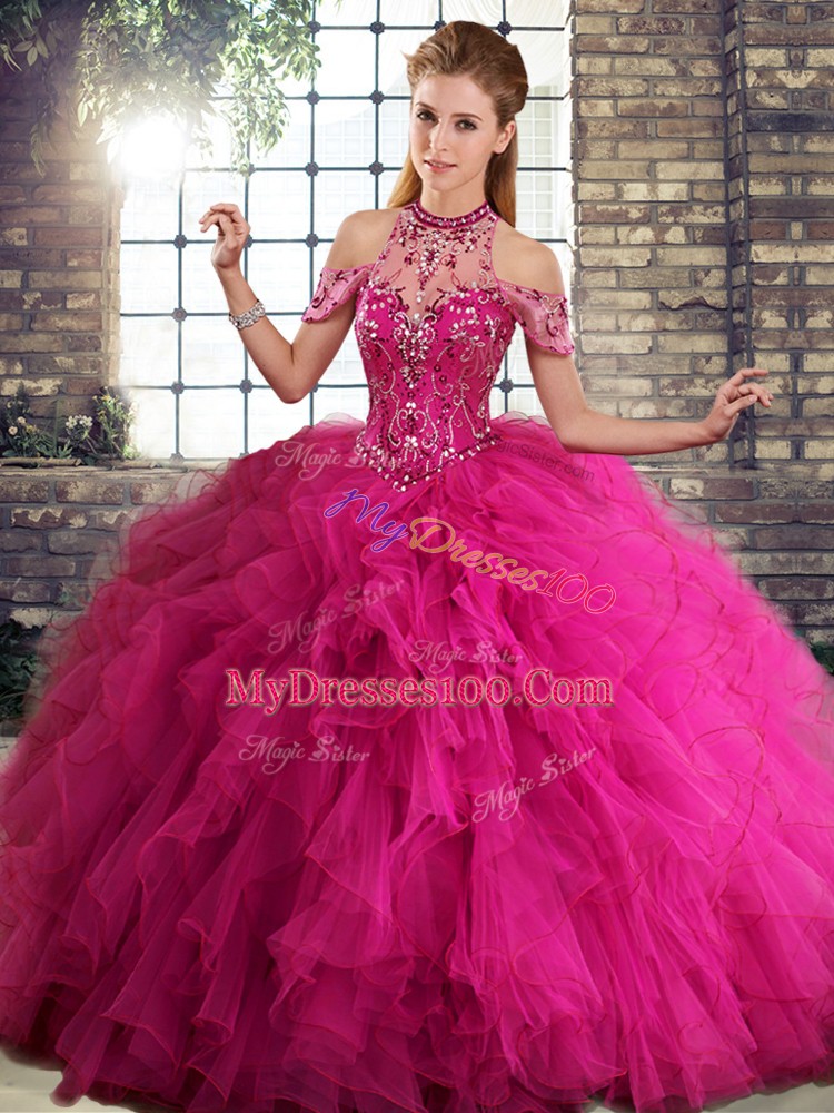 Fuchsia Lace Up Quinceanera Gowns Beading and Ruffles Sleeveless Floor Length