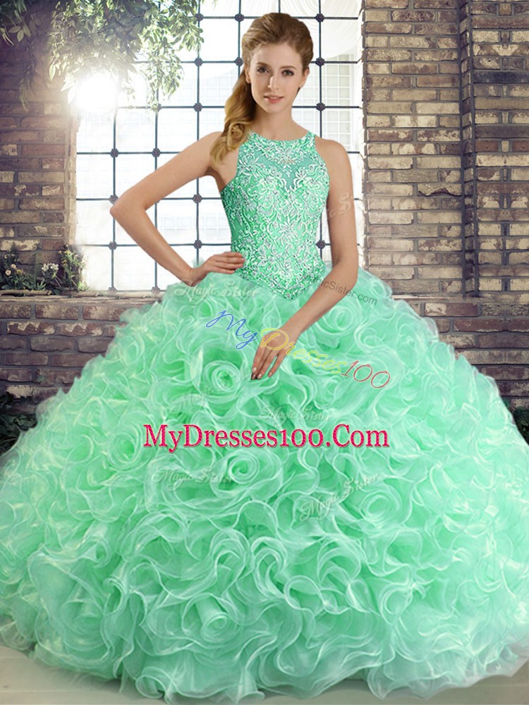 Ideal Apple Green Ball Gowns Fabric With Rolling Flowers Scoop Sleeveless Beading Floor Length Lace Up Quinceanera Gowns