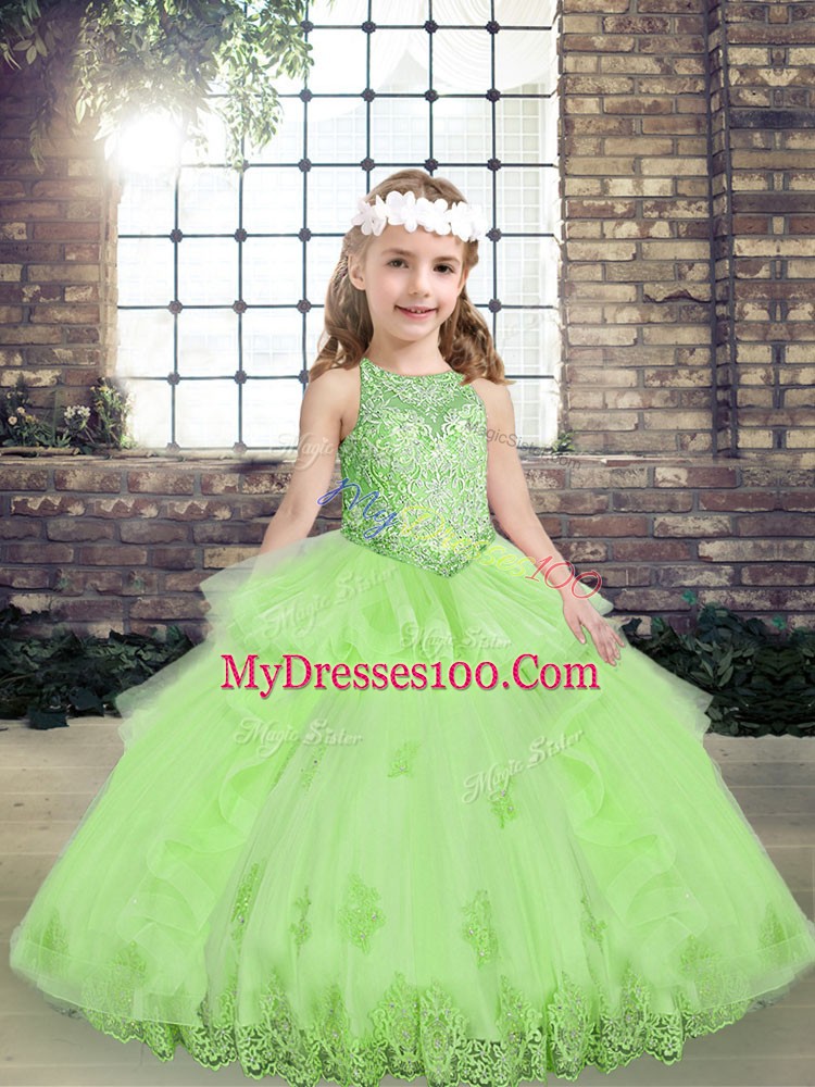 Best Tulle Lace Up Scoop Sleeveless Floor Length Little Girl Pageant Dress Lace and Appliques