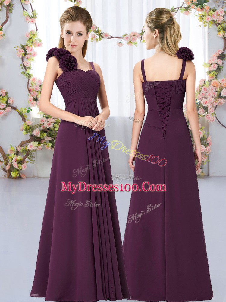 Traditional Dark Purple Empire Chiffon Straps Sleeveless Hand Made Flower Floor Length Lace Up Court Dresses for Sweet 16