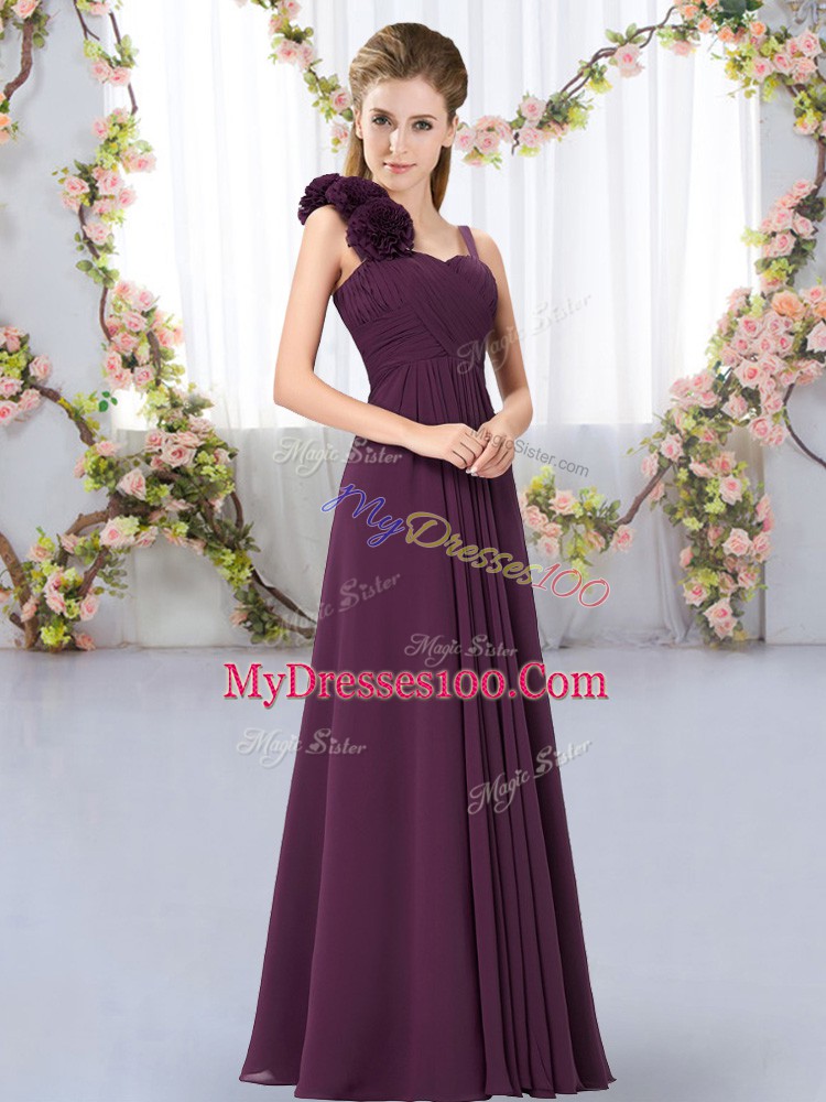 Traditional Dark Purple Empire Chiffon Straps Sleeveless Hand Made Flower Floor Length Lace Up Court Dresses for Sweet 16