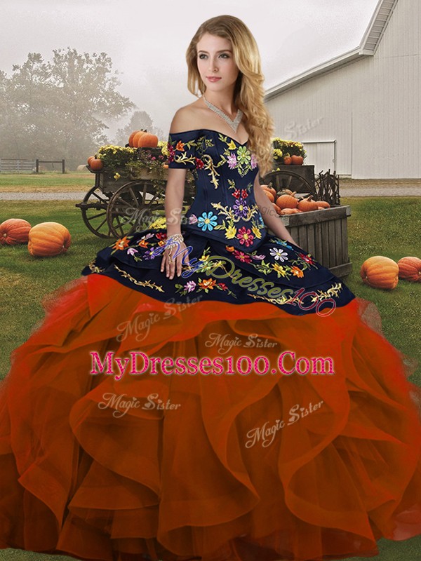 Glamorous Rust Red Sleeveless Floor Length Embroidery and Ruffles Lace Up Quinceanera Gowns