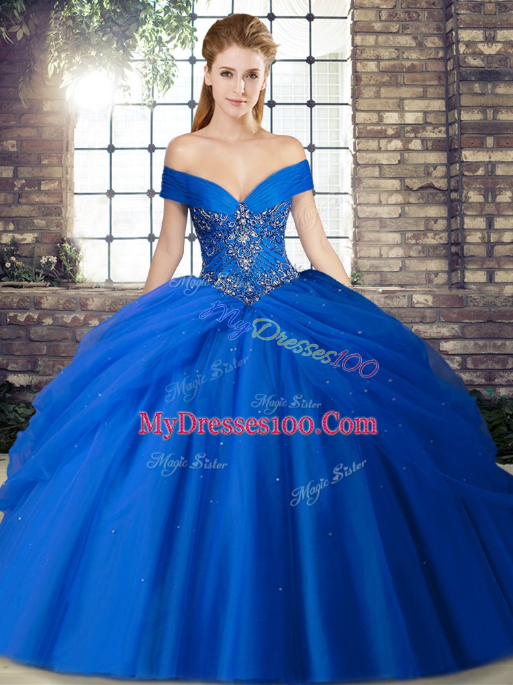 Inexpensive Beading and Pick Ups Sweet 16 Dress Royal Blue Lace Up Sleeveless Brush Train