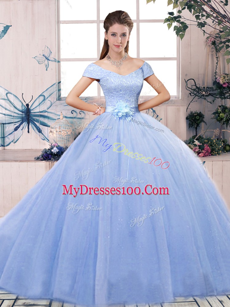 Edgy Floor Length Lavender 15 Quinceanera Dress Off The Shoulder Short Sleeves Lace Up