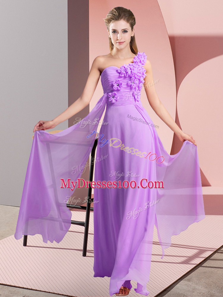 Edgy Lavender Lace Up One Shoulder Hand Made Flower Wedding Party Dress Chiffon Sleeveless