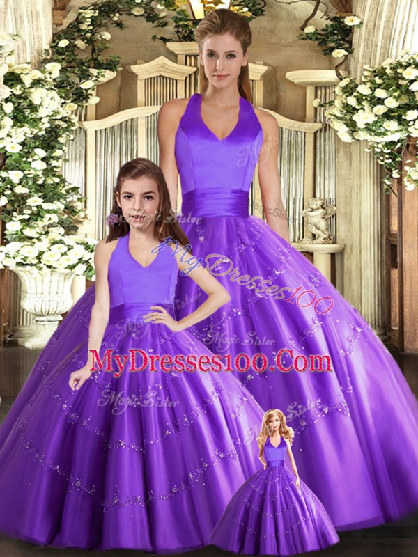 Floor Length Purple Quinceanera Dress Halter Top Sleeveless Lace Up