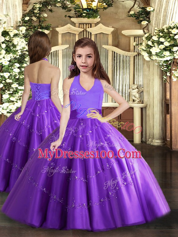 Floor Length Purple Quinceanera Dress Halter Top Sleeveless Lace Up