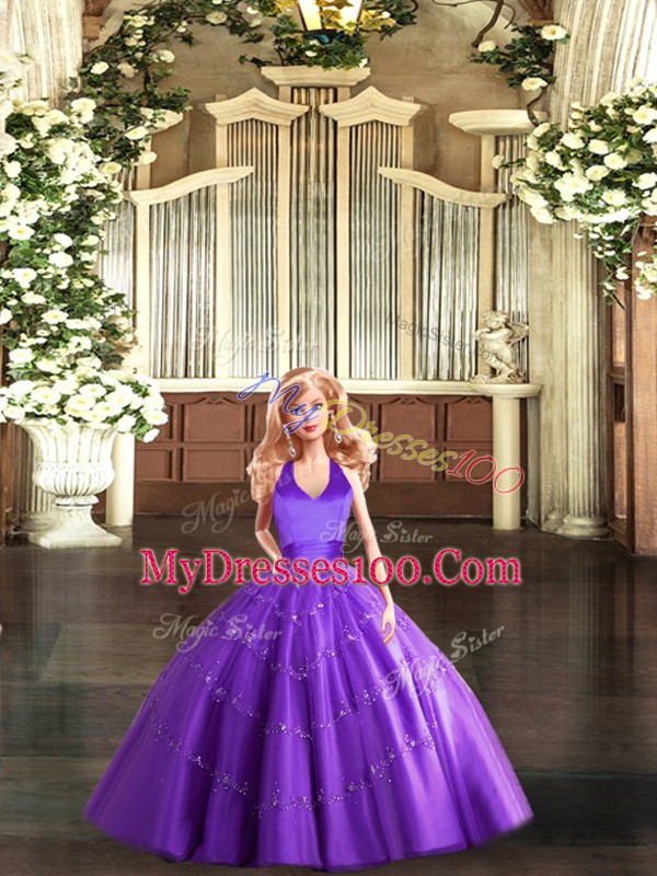 Floor Length Purple Quinceanera Dress Halter Top Sleeveless Lace Up