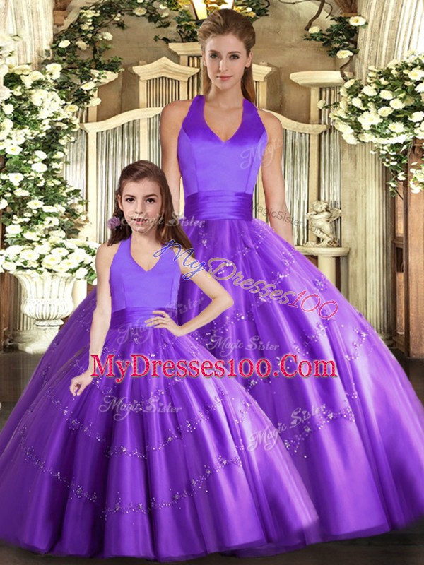 Floor Length Purple Quinceanera Dress Halter Top Sleeveless Lace Up