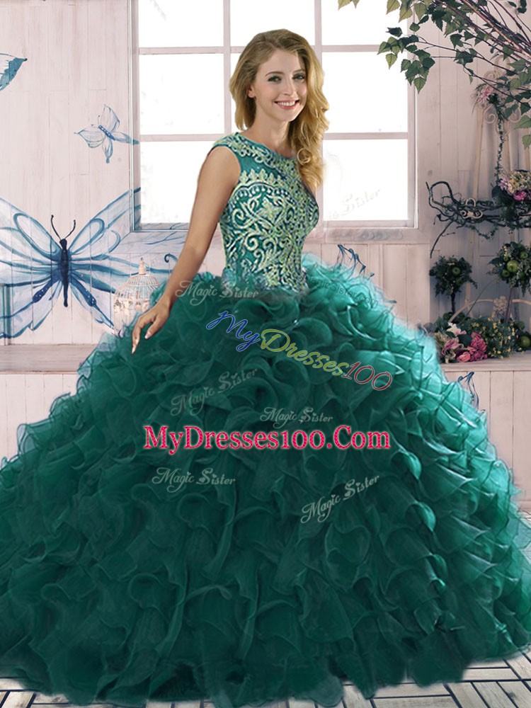 Sleeveless Organza Floor Length Lace Up Quinceanera Dress in Peacock Green with Beading and Ruffles