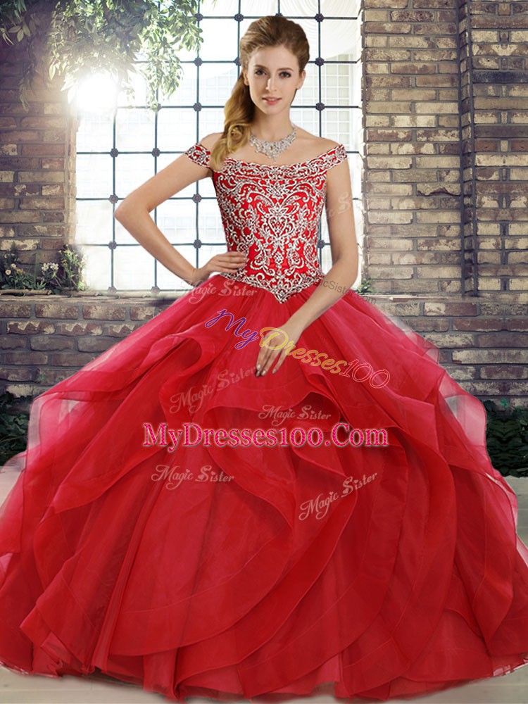 High Class Sleeveless Tulle Brush Train Lace Up Quince Ball Gowns in Red with Beading and Ruffles
