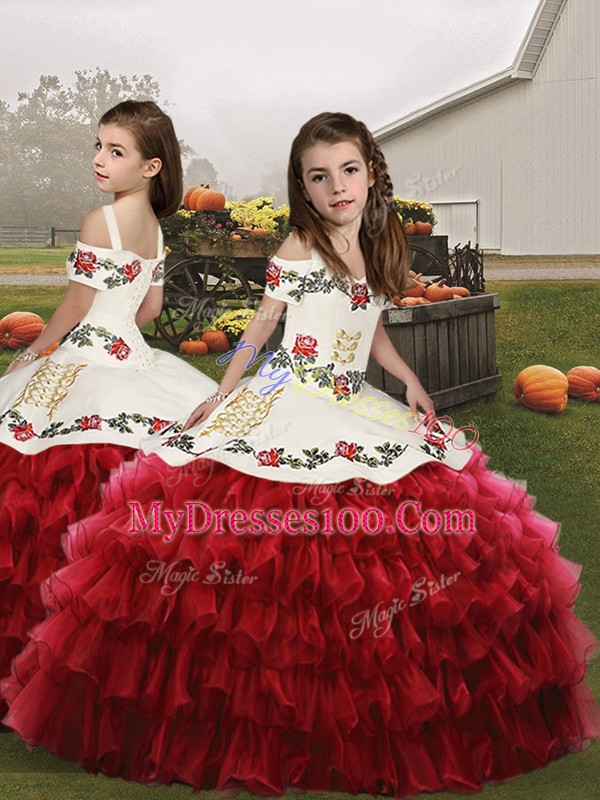 Fantastic Floor Length Lace Up Quinceanera Gown Wine Red for Military Ball and Sweet 16 and Quinceanera with Embroidery and Ruffled Layers