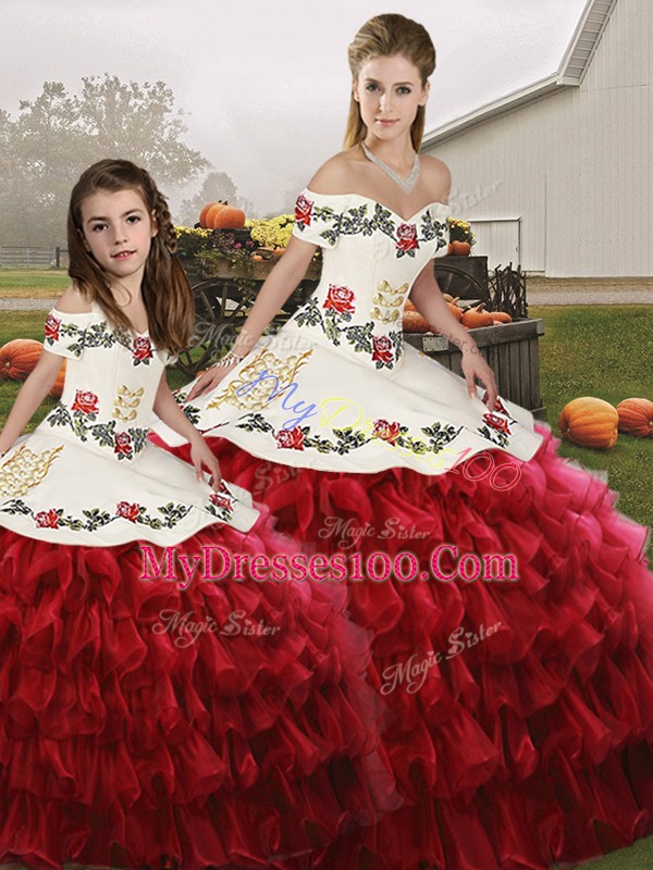Fantastic Floor Length Lace Up Quinceanera Gown Wine Red for Military Ball and Sweet 16 and Quinceanera with Embroidery and Ruffled Layers