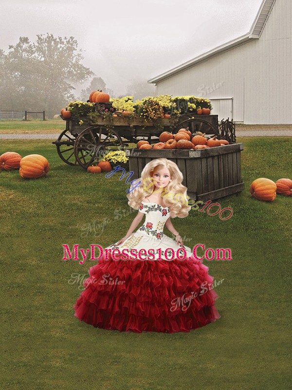 Fantastic Floor Length Lace Up Quinceanera Gown Wine Red for Military Ball and Sweet 16 and Quinceanera with Embroidery and Ruffled Layers