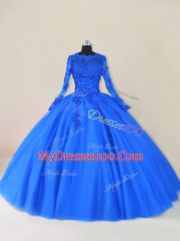 Royal Blue Zipper Scalloped Lace and Appliques Sweet 16 Quinceanera Dress Tulle Long Sleeves
