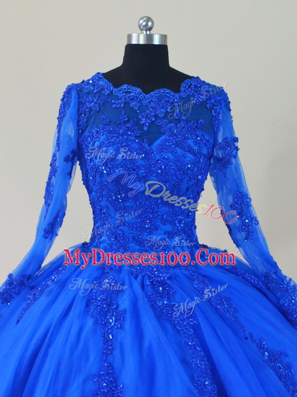Royal Blue Zipper Scalloped Lace and Appliques Sweet 16 Quinceanera Dress Tulle Long Sleeves