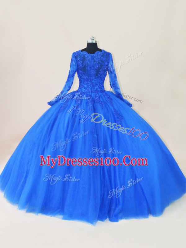 Royal Blue Zipper Scalloped Lace and Appliques Sweet 16 Quinceanera Dress Tulle Long Sleeves