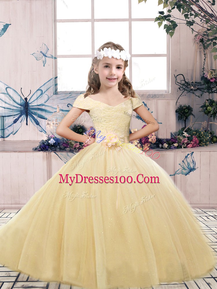 Champagne Little Girl Pageant Gowns Party and Wedding Party with Lace and Belt Off The Shoulder Sleeveless Lace Up